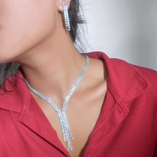 Shining Round Cubic Zirconia Long Tassel Dangle Silver Plated Bridal Jewelry Set