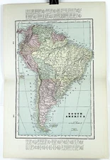 1890s Map of South America Full color Lithography 21.75 x 14.5 George Cram