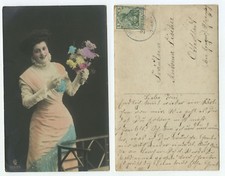 10387 - Woman with Flowers - Romantic Postcard - Colored - Expired
