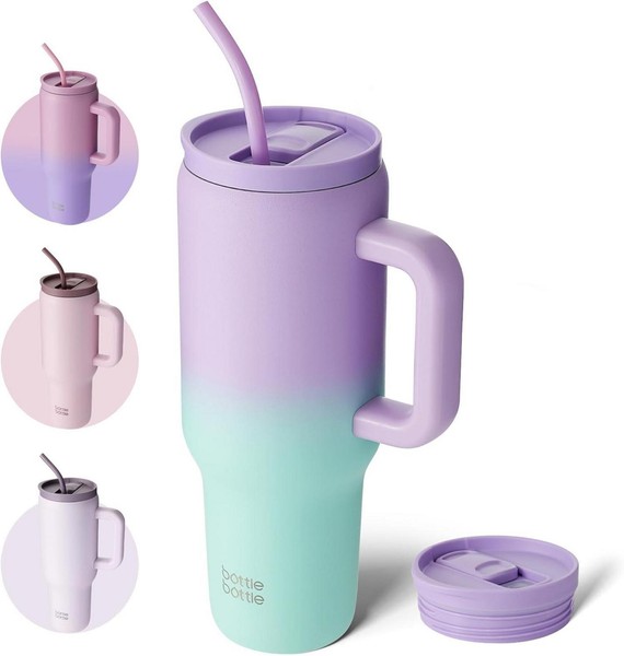 Isolierter Edelstahl-Kaffeebecher 40Oz Mit Griff Und Strohhalm, Lila GrüN-image