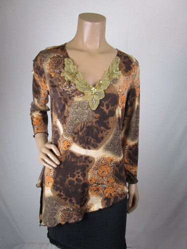 Olivia Paige Asymmetrical Top Size M Browns with Gold Applique Iridescent Sequin - Picture 9 of 12