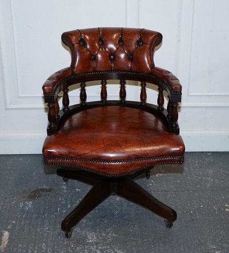 ANTIQUE HAND DYED BROWN LEATHER CHESTERFIELD CAPTAINS OFFICE SWIVEL ARMCHAIR - Picture 4 of 16