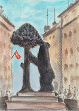 Original Painting Symbol of Sol Madrid Cityscape Art Handmade Travel Europe 4x6"