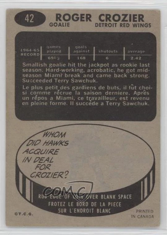 1965-66 Topps Roger Crozier #42 - Image 2 of 2