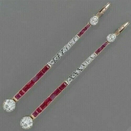 14K White Gold Plated 4Ct Princess Simulated Ruby Vintage Art-Deco Drop Earrings - Image 2 of 4