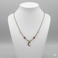 Vintage-Inspired Crescent Moon and Garnet-Toned Beaded Necklace