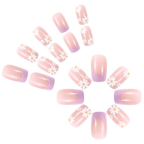 Flower Press on Nails Purple French Tip Fake Nails Medium Square Acrylic False - Afbeelding 2 van 7