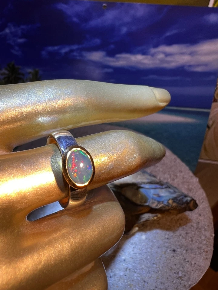 Schwarzopal Red Power Lightning Ridge Ring in Silber mit vergoldeter Fassung - Bild 3 von 4