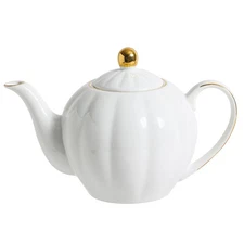 White Porcelain Teapot with Gold Trim 36oz Large Ceramic Tea Pot for Tea Bags