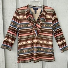 Chaps Y2K Women's XL Southwestern Mesh Top Ruffle V Neck 3/4 Sleeve Aztec Stripe