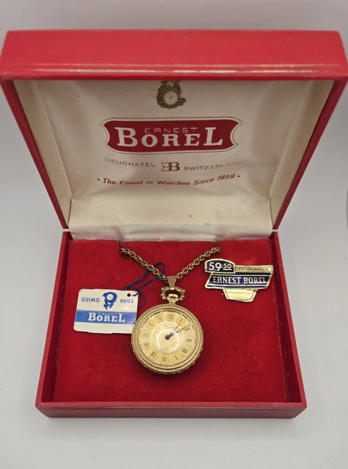 Reloj Colgante Vintage "ERNEST BOREL" 17 Joyas Chapado en Oro con Cadena y Caja *FUNCIONA* Foto 2 de 4