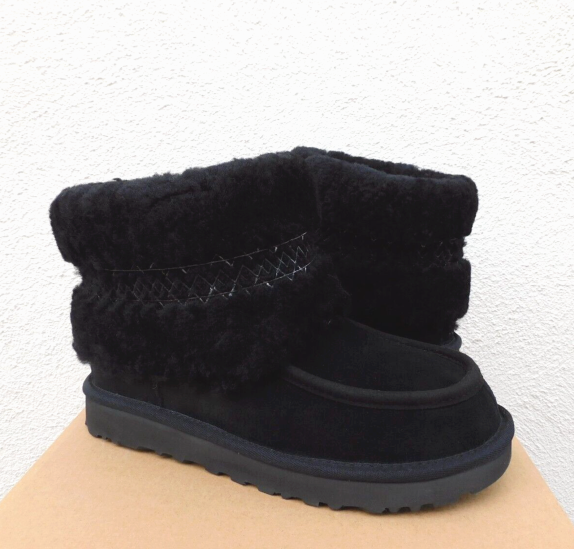 UGG BLACK MINI UGG BRAID SUEDE/ SHEEPSKIN BOOTS, WOMEN US 9/ EUR
