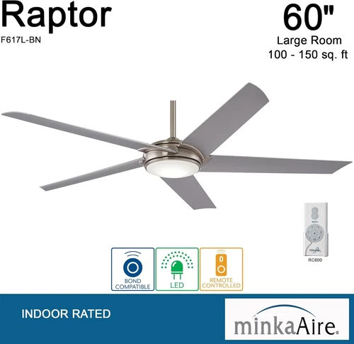 60" Raptor LED Ceiling Fan with DC Motor & 16W Light in Brushed Nickel Finish - Picture 4 of 8