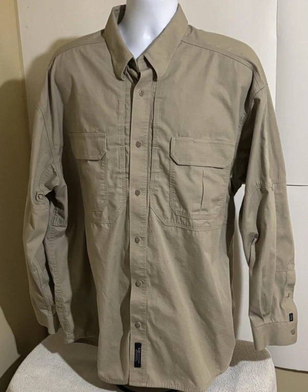 5.11 Tactical Series Shirt Mens 2XL Khaki Long Sleeve Vented Back Mesh Pockets - Image 2 of 4