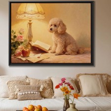 Vintage Floral Oil Painting Poodle Canvas Print for Living Room Wall Decor