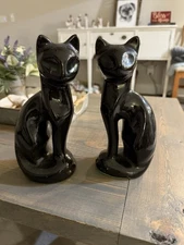 Vintage Pair MCM Artmark 11.5" Ceramic 2 Black Siamese Cats Green Eyes Halloween
