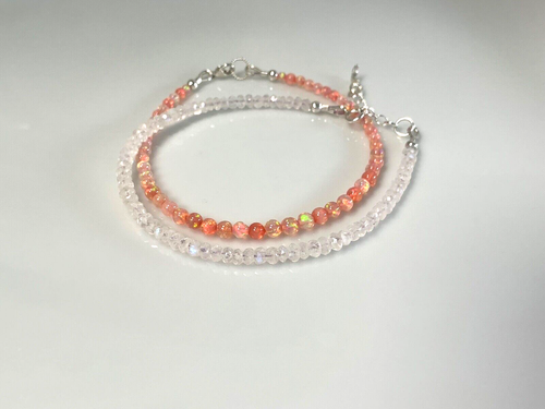 Pink Fire Opal and Rainbow Moonstone Bracelet Set, Adjustable Length, Moon Charm - Picture 5 of 7
