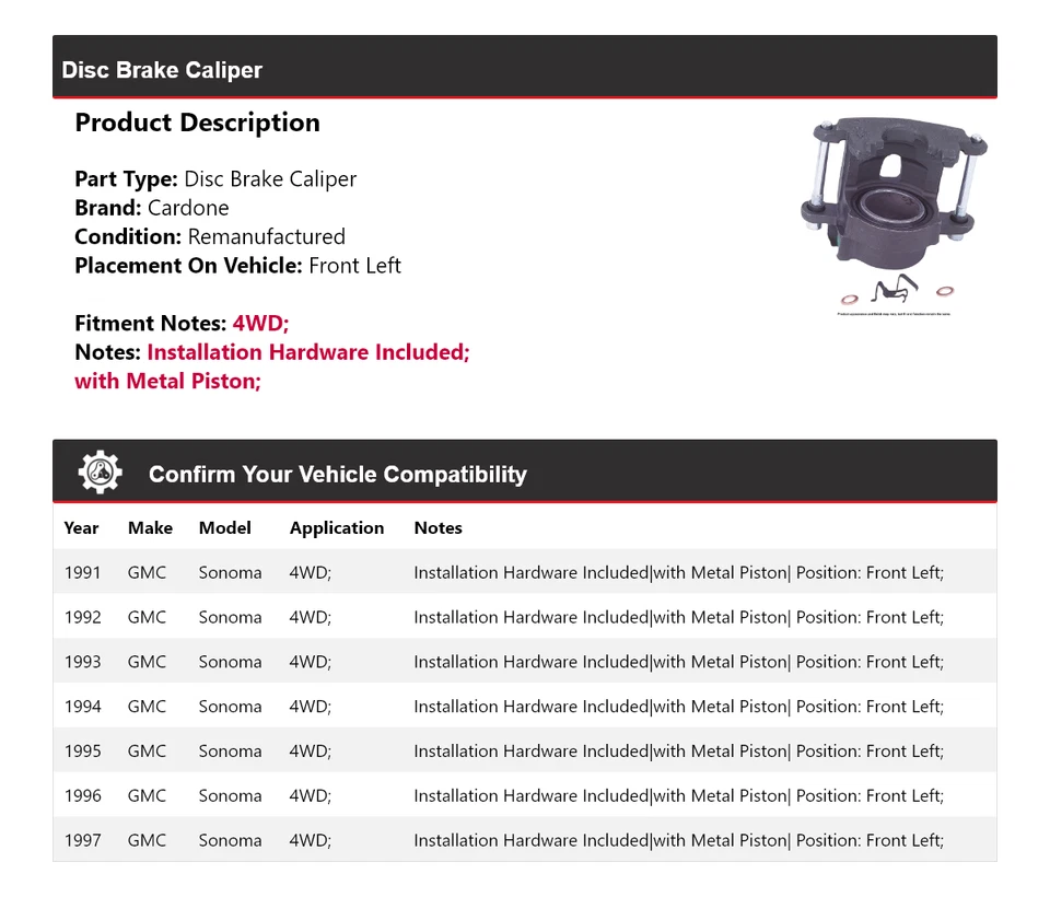 Суппорт переднего левого дискового тормоза для 1991-1997 GMC Sonoma 4WD Cardone 1992 1993 - Изображение 2 из 4