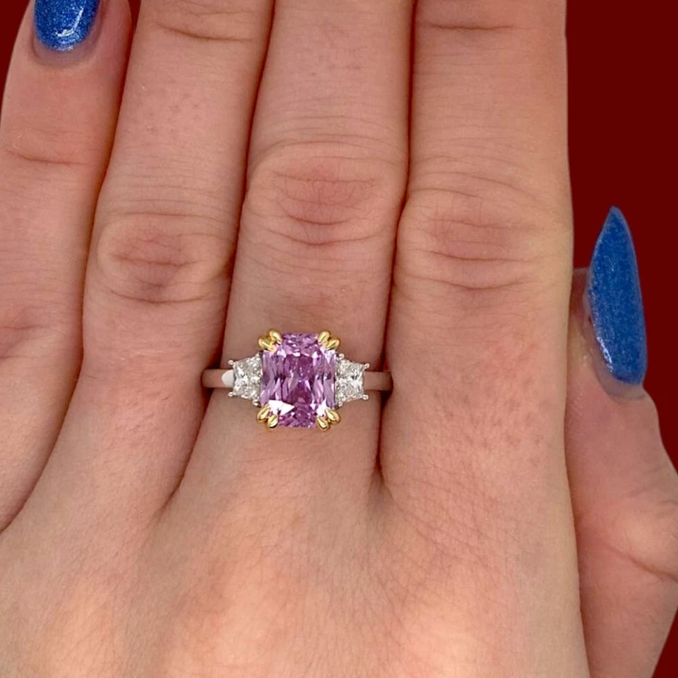 Lab Grown 18K Multi Gold Radiant Cut Purple Pink Sapphire Diamond Ring 3.70 Ct - Image 3 of 4
