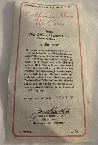 Plate I Love Lucy Plate 1989 de Jim Kritz ''California, Here We Come" - Imagen 6 de 8