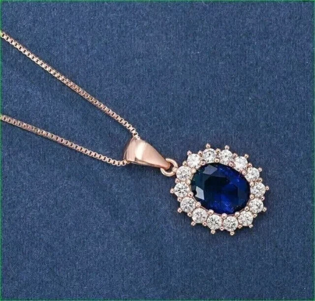 Colgante de diamantes y zafiros azules ovalados naturales de 2,50 quilates cadena de oro rosa de 14 k Foto 3 de 4