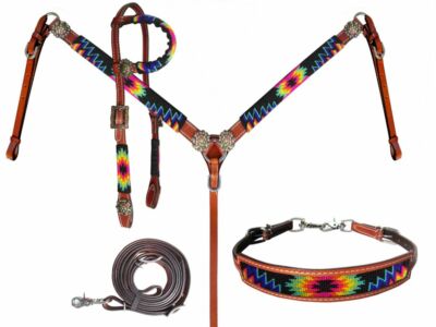 Beaded Bright Southwest Design Headstall & Breast Collar & Rein Wither Strap NEW