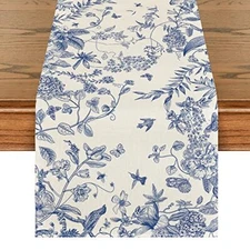  Monochrome Sketch Birds and Flowers Summer Table 13" x 60", Table Runner Blue