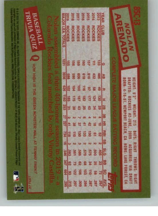 2020 Topps '85 Topps Silver Pack Chrome #85C13 Nolan Arenado (ref 127237) - Image 2 of 2