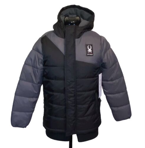 Chaqueta con Capucha Spyder Niños (8-16) Circuit Color Block Puffer Negra/Gris Nueva con Etiquetas $149 - Imagen 3 de 16