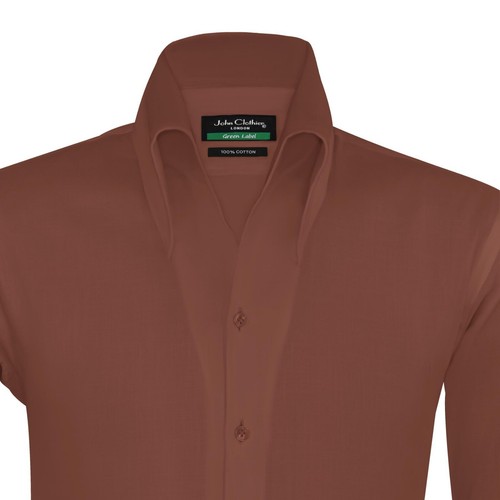 High Open Button-Down Collar Brown 100% Cotton Shirt for Men Party Style Unique - Picture 7 of 10