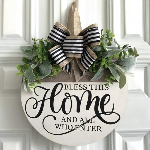 Welcome Sign for Front Door, Rustic Round Wood Wreaths Wall Hanging Outdoor