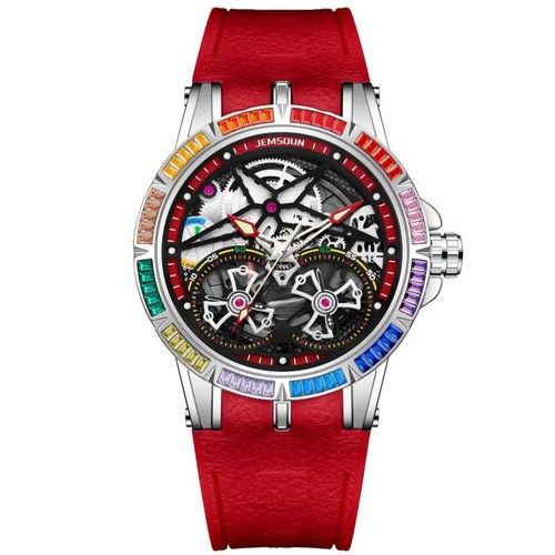 Orologio Scheletro Uomo Arcobaleno Lunetta Diamante Luminoso Impermeabile Sportivo - Foto 11 di 14