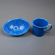 VTG Blue Granite Cup And Bowl Set- Primitive, Farmhouse, Rustic, Camping