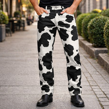 Men s Black White Cowhide Leather Pants Hair-On Western Cowboy Style