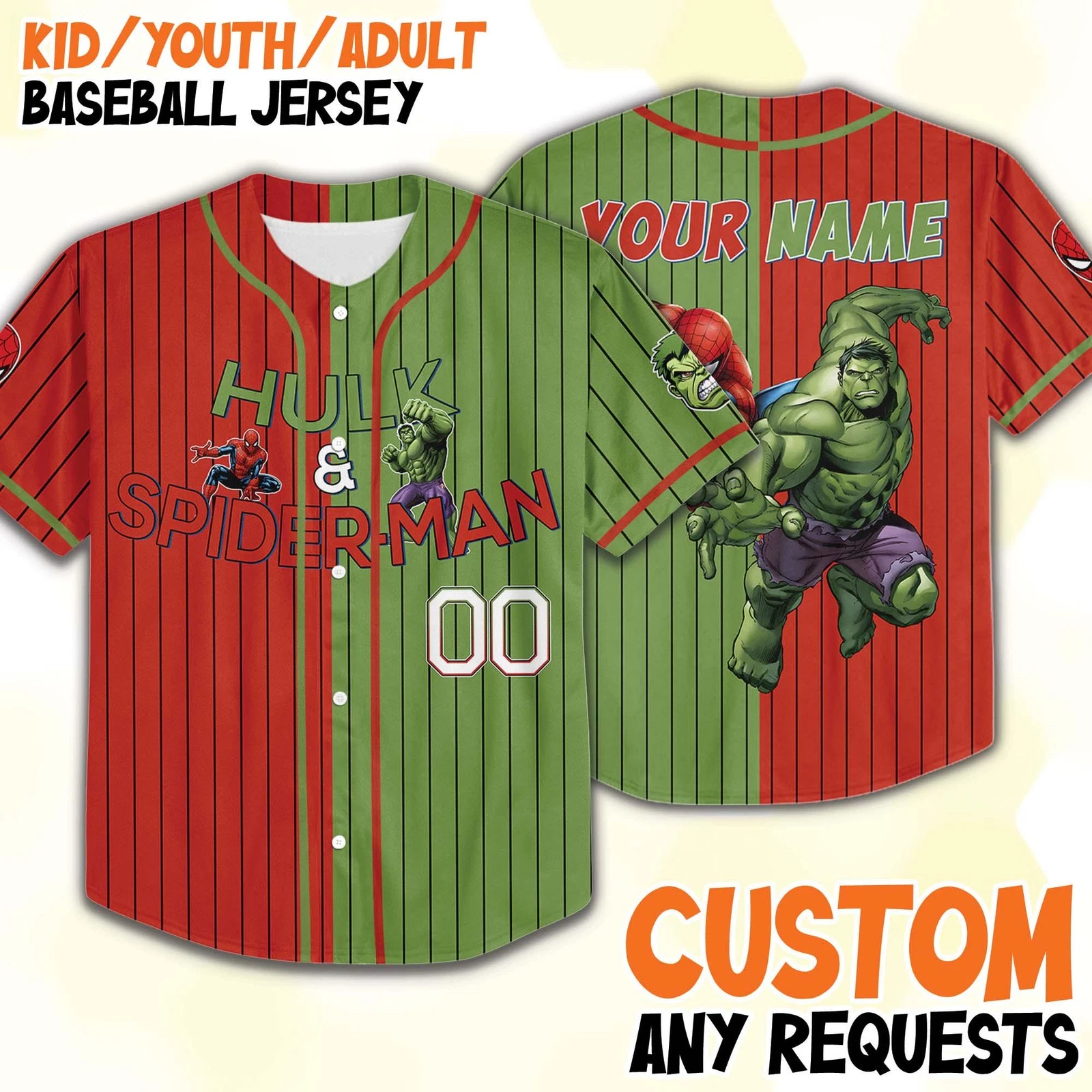 Personalized Hulk & Spiderman Superehero Characters Baseball Jersey Shirt