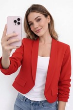 Ladies Cropped Blazer Ruched Sleeve Open Front Smart Casual Jacket with Pockets