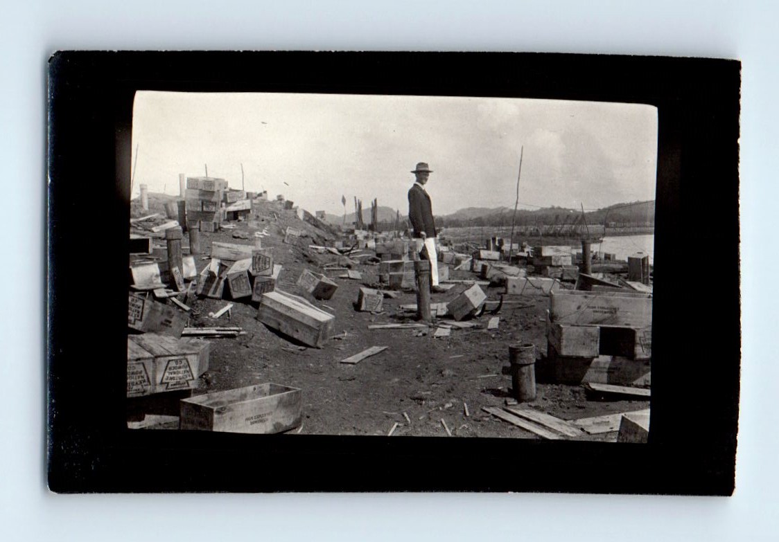 Old Vintage Photo SOLO MAN DYNAMITE CRATES PANAMA CANAL CONSTRUCTION PIC