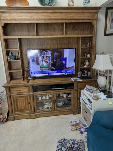 Wood TV Entertainment Center Wall Unit, Brown, Freestanding, 3 Doors 2 Drawers