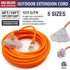 12/3 Heavy Duty 3-Outlet Lighted SJTW Indoor / Outdoor Extension Cord 6FT - 50FT