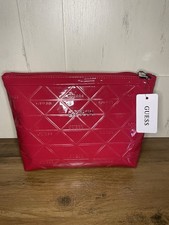 Borsa da viaggio cosmetica GUESS rosso lucido goffrata pochette chiusura zip nuova con etichette