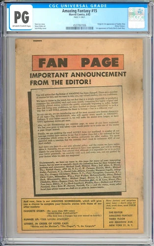 Amazing Fantasy #15 Origin & 1st App. Spider-Man Stan Lee Marvel 1962 CGC PG 12