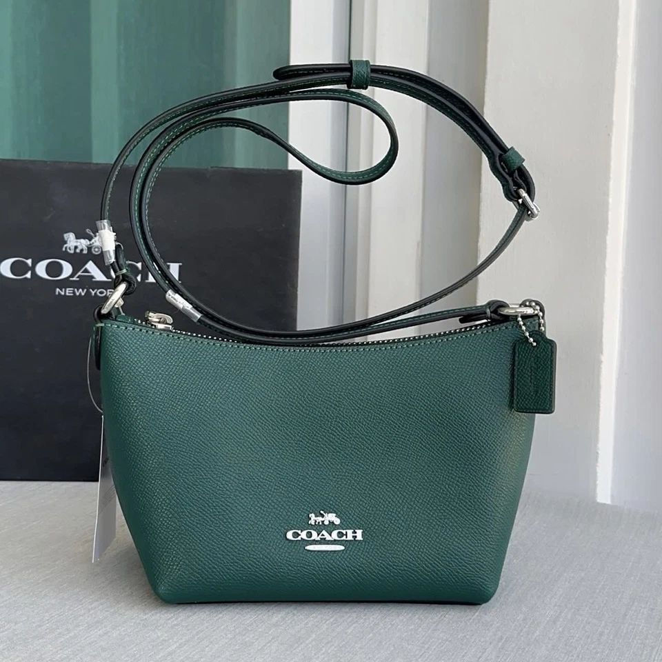 NUEVO CON ETIQUETAS - Bolso Bandolera Coach con Cremallera Superior - CW336 Plateado/Verde Esmeralda
