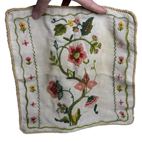 Vintage 70s Jacobean Vine Pink Pillow Cover Floral Crewel Embroidered Cottage