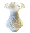 Vintage Fenton Silver Crest Spanish Lace Milk Glass Vase 8" Ruffled Clear Rim