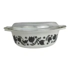 Vintage Pyrex Black Tulip 1 1/2 Qt Oval Casserole Dish with Lid Made In USA