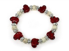 Red Elephant and Ivory Colored Stone Stretch Bracelet With Clear Rhinestones