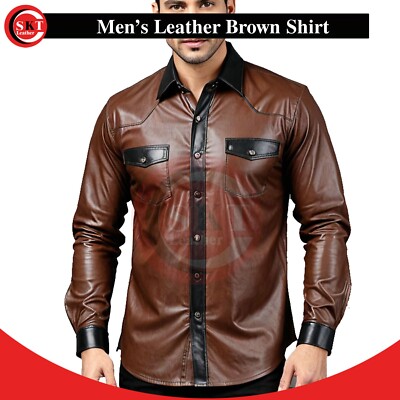 Mens Genuine Lambskin Brown Leather Soft Shirt Slim Fit Button up Full Sleeve