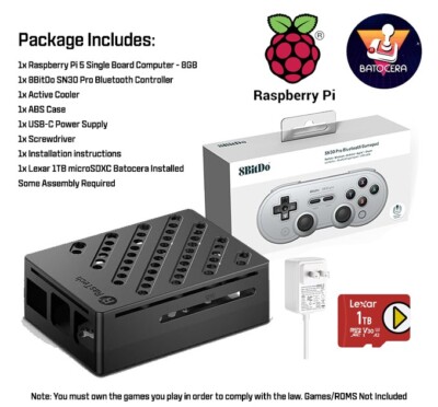 Raspberry Pi 5 8GB RAM Case, 8BitDo, RetroPie, Batocera 1TB Complete Package