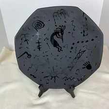 Rare! Jerome Tuck-Black Etched Art Glass Platter-“Images Of The Past” 