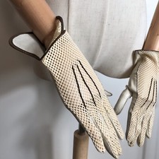Leather Driving Gloves Womens Mesh Cream - XS- Size 6 Brown Trim